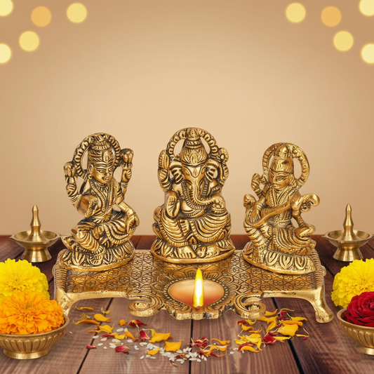 Design Gold Plated Lakshmi Ganesh Saraswati Idol with Deepak Showpiece